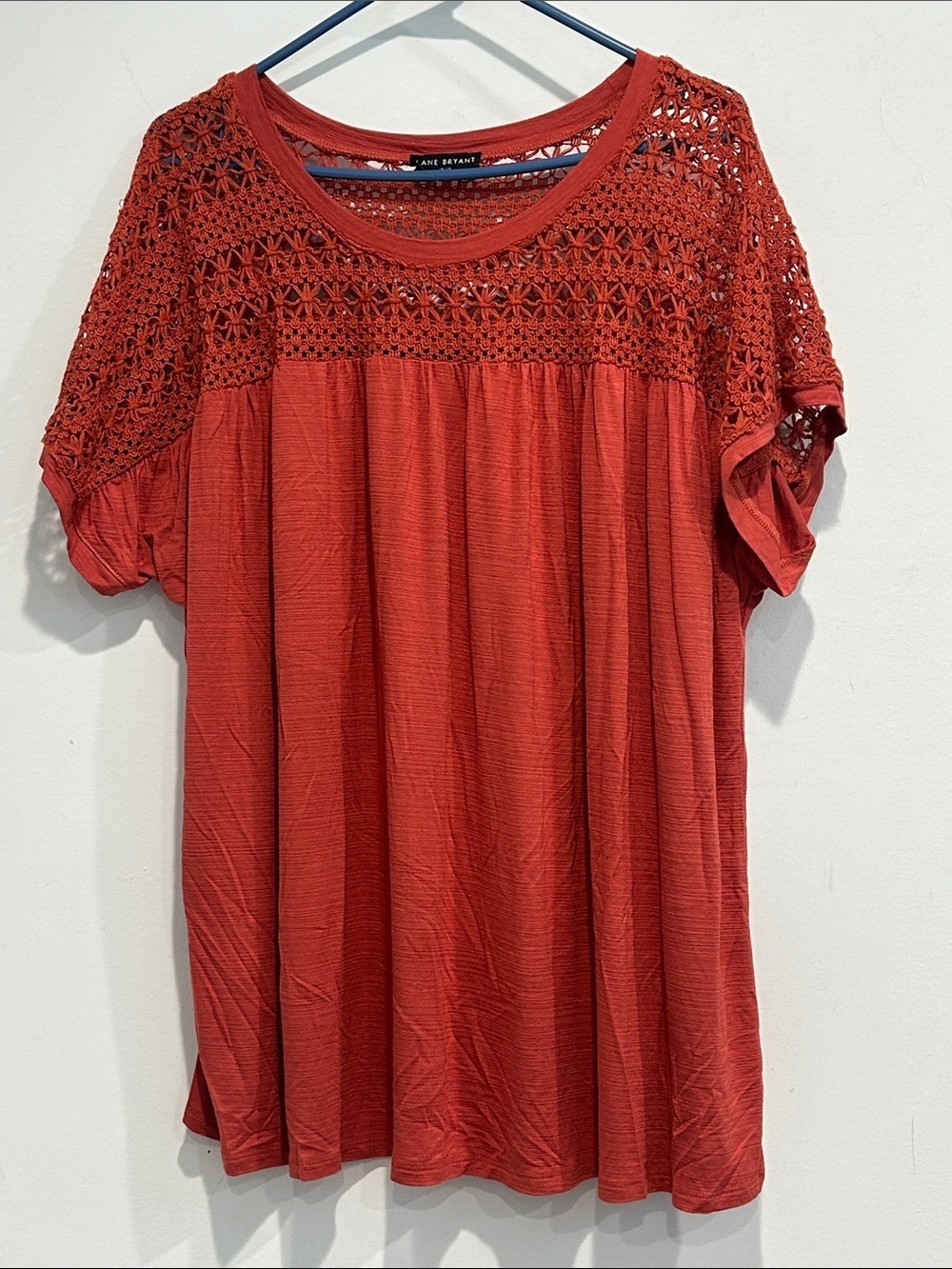 Lane Bryant Rust Red Crochet Yoke Short Sleeve Top plus 18/20 women’s boho tee